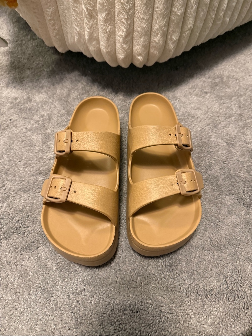 Double Strap Slide Sandals in Camel